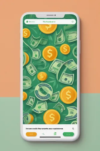 Imagine a money-saving app that offers personalized tips and suggestions.,money calculator,phone clip art,e-wallet,electronic money,3d mockup,pot of gold background,android inspired,mobile banking,fla