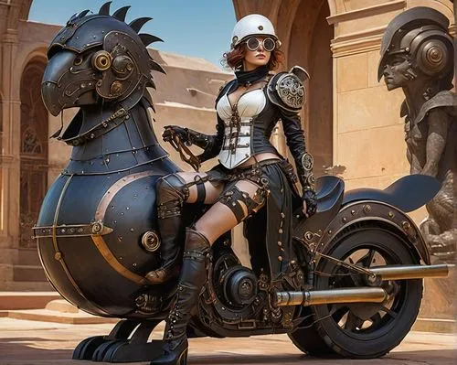  female warrior,  white head Barbara Palvini  steampunk,helmet  dark black round glasses, big breast, with gize statue
,steampunk,armored animal,heavy motorcycle,centaur,vespa,motorbike,motorcycle,cha