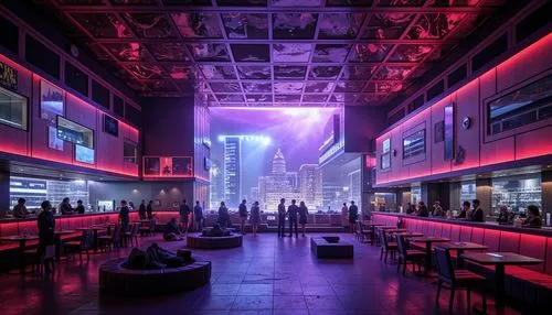 Neon-lit urban nightlife, futuristic club architecture, strobe lights, laser beams, LED installations, mirrored ceilings, glossy floors, VIP lounges, DJ booths, fog machines, haze effects, vibrant col