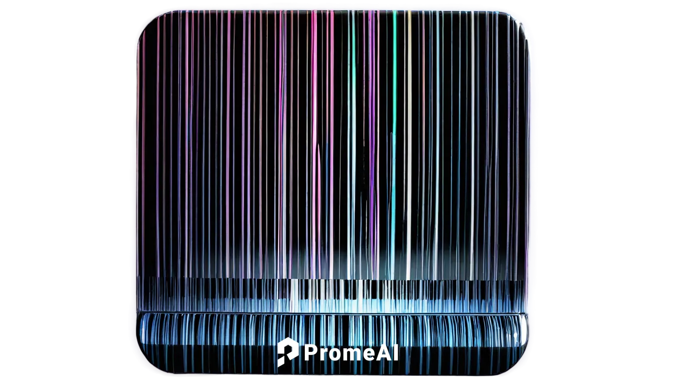 Clipart barcode, colorful, glossy, reflective surface, rounded corners, digital code, black lines on white background, 3D-like appearance, futuristic, metallic sheen, shallow depth of field, bright li