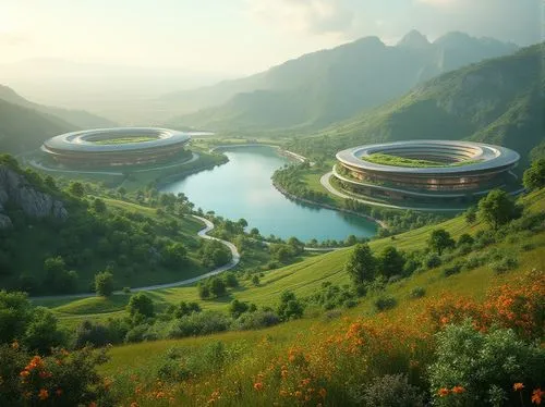 futuristic landscape,ringworld,ecotopia,futuristic architecture,arcology,ecovillages,earthship,solar cell base,terraformed,rivendell,terraforming,futuristic art museum,tevatron,sky space concept,airships,roundhouses,technopolis,torus,biospheres,teleporters,Photography,General,Realistic