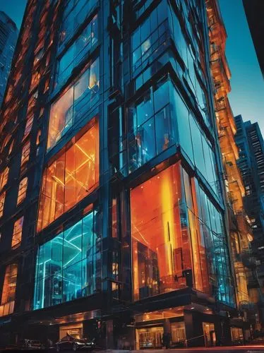 Building facade, modern architecture, urban landscape, cityscape, high-rise, skyscraper, sleek lines, geometric shapes, reflective glass, metallic accents, LED lighting, night scene, neon lights, bust