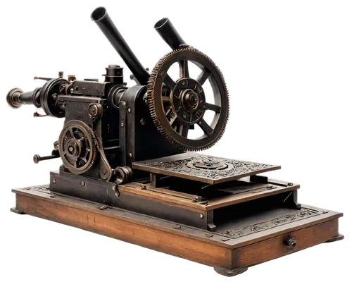 Old-fashioned printing press, metal body, intricate gears, wooden handle, ink-stained platform, vintage design, ornate details, worn-out surface, morning light, soft focus, shallow depth of field, war