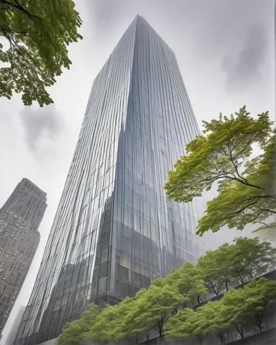 Modern berg-inspired architecture, NYC skyscraper, sleek glass façade, metallic accents, angular lines, rooftop garden, lush greenery, misty morning fog, Hudson River waterfront, bustling cityscape, b