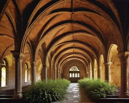 Barrel vault, ancient architecture, grand interior, high ceiling, stone walls, ornate columns, arches, Romanesque style, dimly lit, warm color tone, dramatic lighting, narrow windows, stained glass, i