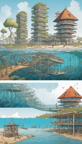 floating islands,artificial islands,artificial island,stilt houses,floating huts,development concept,islands,backgrounds,seaside resort,concept art,mushroom island,maya city,ancient buildings,stilt house,wooden pier,aquaculture,lagoon,the island,docks,fishing village,Illustration,Realistic Fantasy,Realistic Fantasy 12