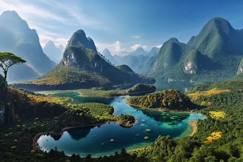 a colorful tropical area with a lake surrounded by mountains,guilin,mountainous landscape,huangshan,beautiful landscape,yangshao,yangshuo,Photography,General,Realistic