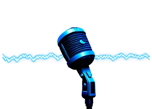 Audio waveform, blue-colored sound wave, digital audio workstation, recording studio, solo microphone, metal mesh pop filter, shockwave pattern, explosive sound effect, 3D audio visualizer, futuristic