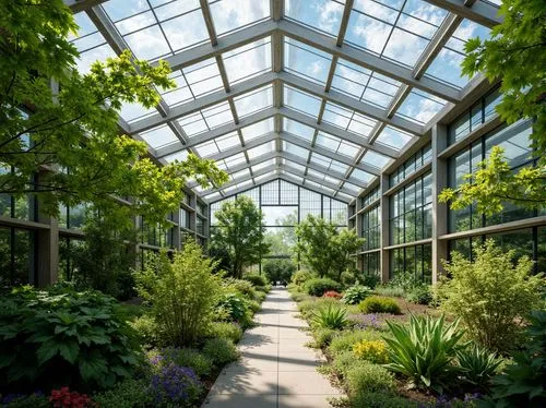 Vibrant greenhouse interior, lush greenery, abundant natural light, clerestory windows, transparent roof panels, skylights, solar tubes, diffused lighting, warm ambient temperature, misting systems, a