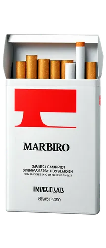 Cigarette pack, rectangular shape, white background, red Marlboro logo, gold accents, glossy finish, detailed texture, slight shadow, 3/4 composition, soft focus, realistic rendering, morning light.,m