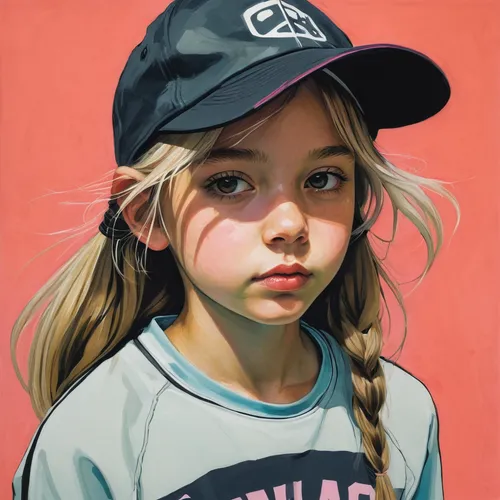 Girl in sportswear, youthful, wearing a hat，by Cory Loftis,girl wearing hat,girl portrait,child portrait,portrait of a girl,digital painting,young girl,girl in t-shirt,child girl,mystical portrait of 