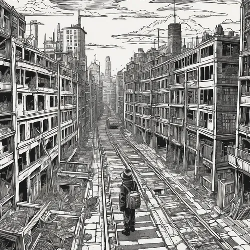 post-apocalyptic landscape,post apocalyptic,destroyed city,post-apocalypse,kowloon city,hashima,stalingrad,urbanization,slums,apocalyptic,dystopian,metropolis,pencil art,black city,escher,urban development,human settlement,under the moscow city,gunkanjima,reims,Art,Artistic Painting,Artistic Painting 50