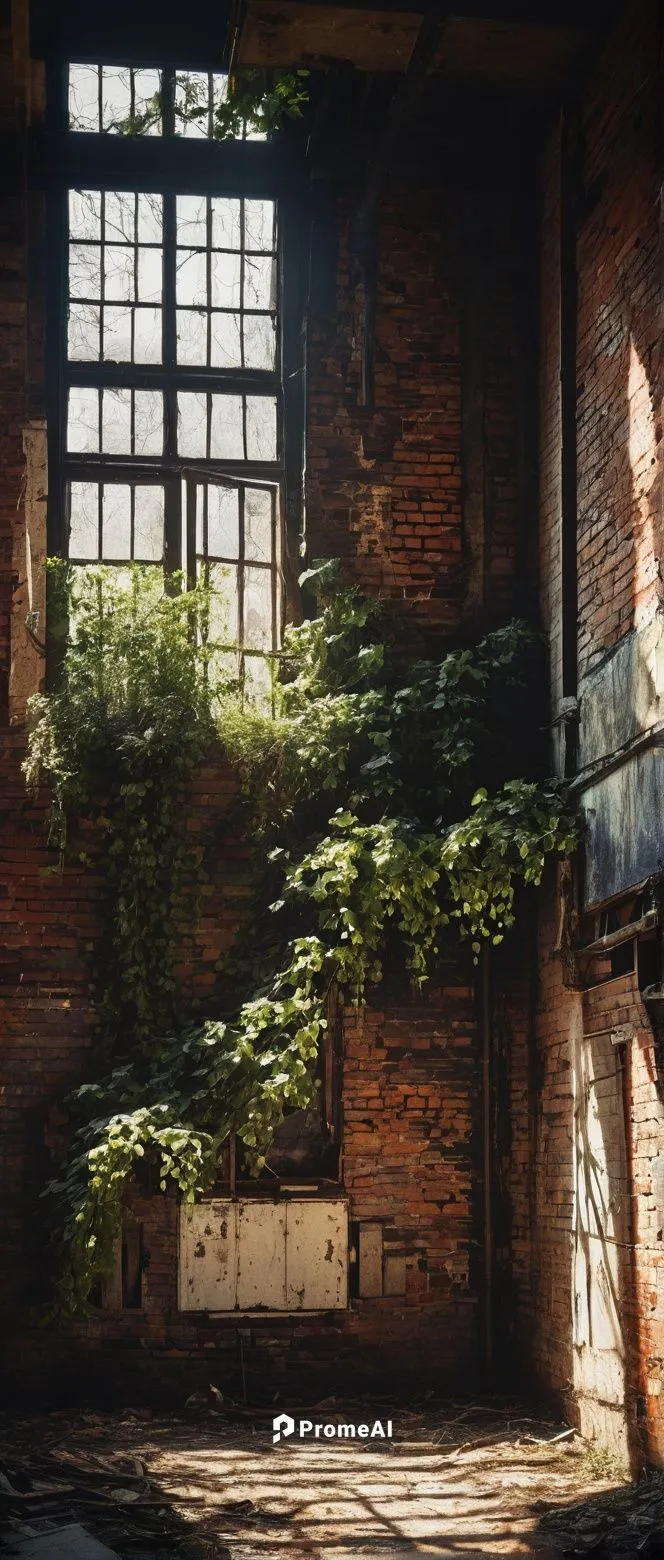 Abandoned industrial building, worn brick walls, rusty metal beams, old wooden crates, broken machinery, dusty windows, ivy crawling up walls, vintage lamps, distressed finishes, peeling paint, urban 