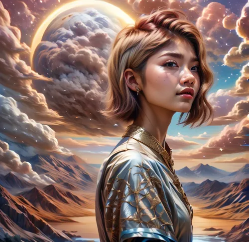 mystical portrait of a girl,world digital painting,fantasy portrait,lunar,sci fiction illustration,han thom,digital painting,sky rose,rosa ' amber cover,fantasy art,aura,mulan,celestial,fantasy picture,zodiac sign libra,digital art,luna,asian vision,solar,portrait background