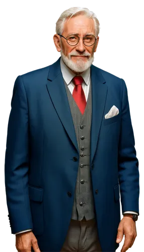 Older gentleman, white hair, wrinkles, glasses, beard, suit, tie, waistcoat, pocket watch, cane, standing, 3/4 composition, soft focus, warm lighting, realistic texture, detailed facial features, slig