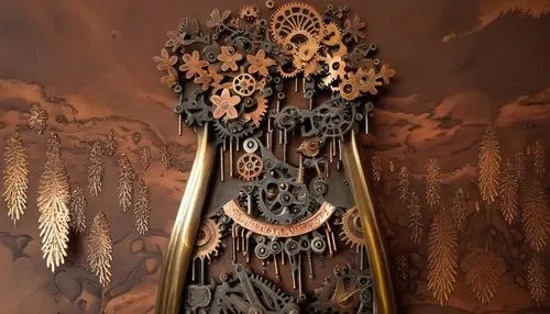 grandfather clock,longcase clock,tower clock,old clock,cuckoo clock,steampunk gears,scrap sculpture,the throne,iron door,throne,art nouveau design,carved wood,cuckoo clocks,wood carving,art deco ornam