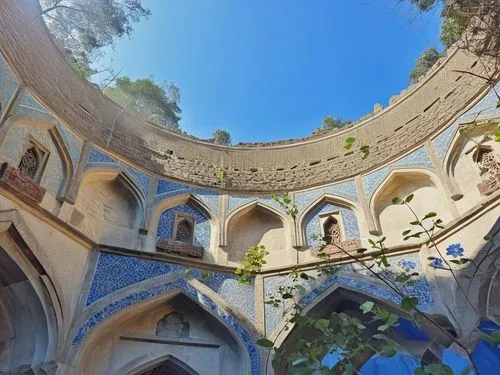 convert this image into indo islmaic monuments,an indoor atrium in a building with several archways,360 ° panorama,park güell,gaudi,gaudi park,guell,sintra,Photography,General,Realistic