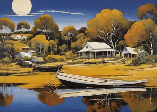 boat landscape,river landscape,carol colman,coastal landscape,steve medlin,olle gill,bill woodruff,martin fisher,home landscape,khokhloma painting,graeme strom,david bates,carol m highsmith,boathouse,cottage,summer cottage,autumn landscape,rowboats,houseboat,vintage art,Illustration,Retro,Retro 21