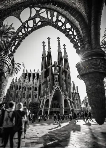 Famous architecture, Barcelona, Sagrada Familia, Antoni Gaudí, intricate stonework, towering spires, grand staircase, ornate stained glass windows, vibrant tile mosaics, gothic arches, dramatic shadow