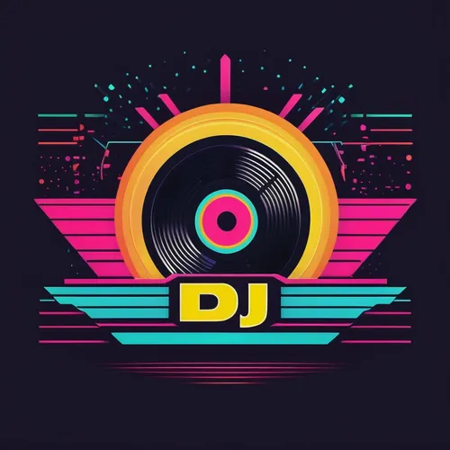 Create a DJ logo with a retro 80's feel.,dj,80's design,disk jockey,disc jockey,dj equipament,vector illustration,vector design,vector graphic,retro music,80s,spotify icon,dribbble logo,jeep dj,disco,