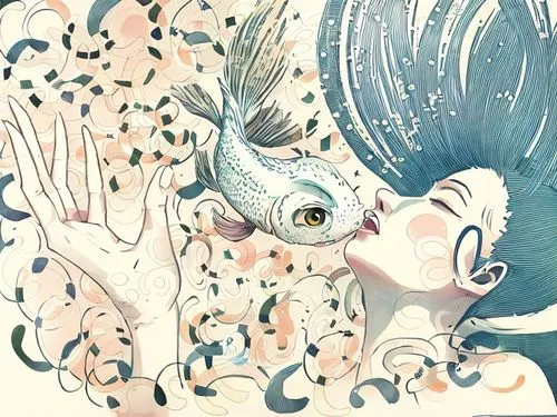 the fish kisses the fish woman, her eyes are closed and she is in love with the fish
the woman is a fish


,a painting of a person's head with fish in its hands,amano,fairie,watercolor mermaid,prometh