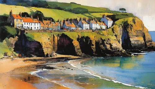 robin hood's bay,runswick bay,tenby,etretat,cliff coast,carrick-a-rede,flamborough,chalk cliff,saltburn by the sea,cliffs etretat,cliffs of etretat,sceleton coast,saltburn,headland,cliff top,dawlish,coastal landscape,dorset,cove,cornwall,Illustration,Paper based,Paper Based 12