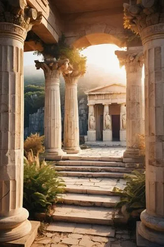 Ancient Greek style, majestic temple, intricate carvings, Doric columns, grand entrance, ornate marble statues, subtle cracks, weathered stone walls, overgrown with vines, serene surroundings, misty a