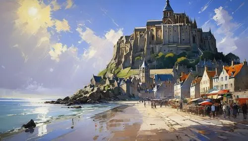 mont saint michel,mont st michel,cancale,normandy,noirmont,saint michel,orgueil,notredame,martre,etretat,capitola,nestruev,krasselt,france,rodolphe,forteresse,seaside resort,eglise,youliang,world digital painting,Art,Artistic Painting,Artistic Painting 32