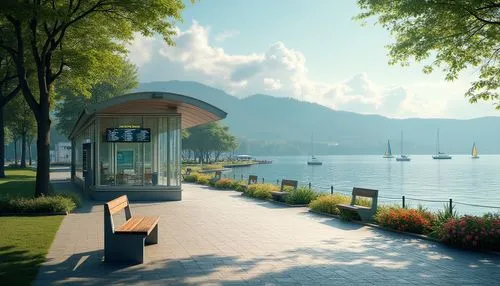 Scenic lakefront, bus station, modern architecture, sleek design, large glass windows, metal frames, urban planning, greenery surroundings, benches with backrests, real-time bus schedule displays, tic