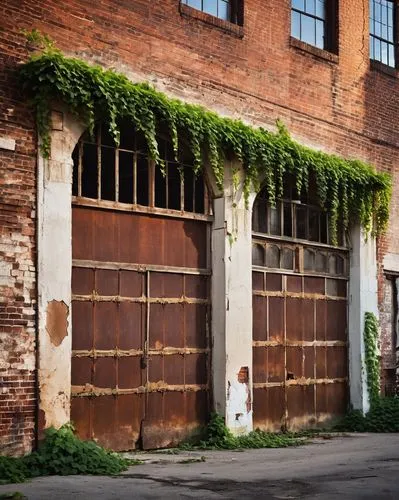 old brick building,old factory building,brickyards,warehouses,old factory,old linden alley,loading dock,soulard,warehouse,ivy frame,abandoned building,middleport,headhouse,row of windows,old buildings,eveleigh,hanging plants,dilapidated building,brickyard,garaged,Illustration,Paper based,Paper Based 12