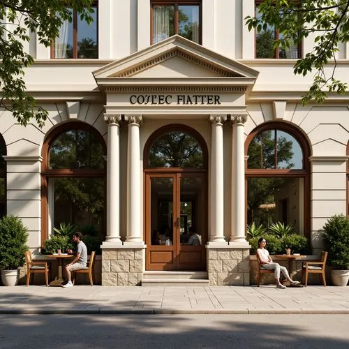 Elegant coffee shop facade, neoclassical columns, ornate cornices, symmetrical composition, grand entrance, wooden doors, bronze hardware, large windows, frosted glass, subtle arches, soft cream-color