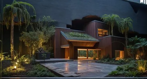 EL EXTERIOR DE UNA CASA CON ESTILO MEXCANO MODERNO, USO DE COLORES VIBRANTES, MATERIALES REFIONALES, TEJA, VIGAS DE MADERA, EN UN AMBIENTE EXUBERANTE, ESTANQUE DE AGUA AL FRENTE, PROPORCION, EXCELENTE