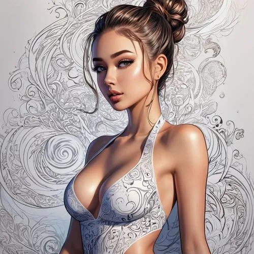 chunli,cheongsam,qipao,nitaya,margairaz,white silk,qixi,wedding dress,bustier,vergara,zhiwen,katara,bridal dress,bridal,fantasy portrait,asami,oriental girl,xianwen,elegant,white winter dress,Illustration,Black and White,Black and White 05