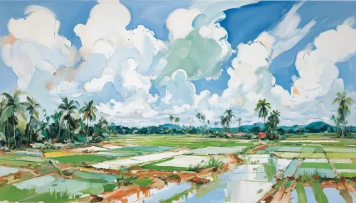 rice fields,ricefield,paddy field,the rice field,rice paddies,yamada's rice fields,rice field,farm landscape,rural landscape,salt meadow landscape,rice terrace,vegetable field,rice cultivation,swampy landscape,fruit fields,brook landscape,palm pasture,ubud,floodplain,vegetables landscape,Conceptual Art,Oil color,Oil Color 18