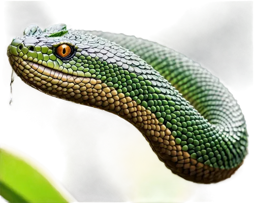 Serpent, coiled body, shiny scales, forked tongue, green and brown camouflage, detailed texture, morning dew, soft sunlight filtering through leaves, close-up shot, 3/4 composition, shallow depth of f