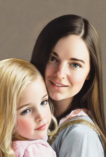 Six year old blonde daughter with a young brunette mother. Image in the style of Diego Rodriguez de Silva Velazquez.,little girl and mother,olallieberry,portrait background,two girls,children girls,ph