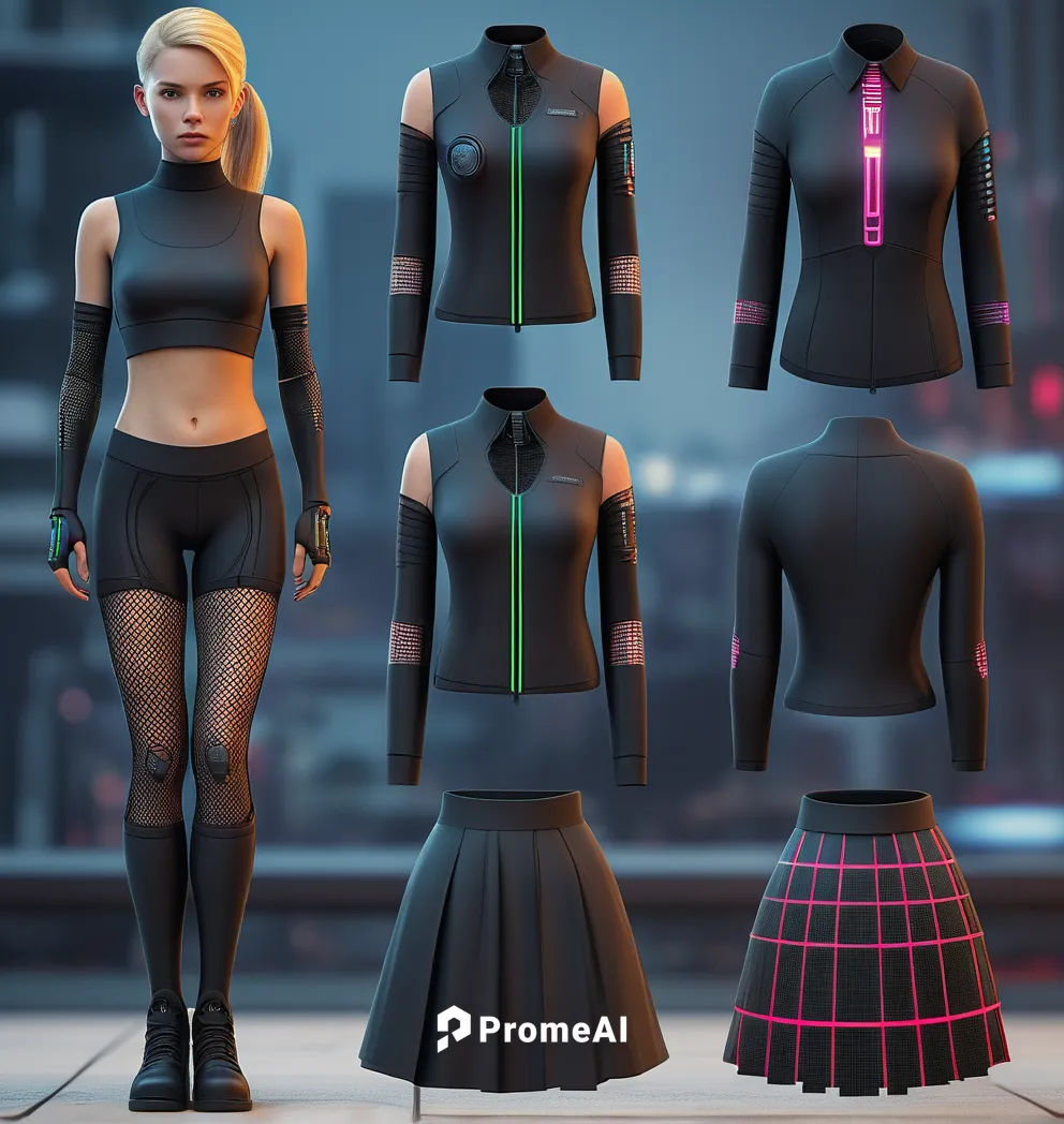 Paper doll cyberpunk blond haired girl in black sleeveless shirt ,black tight fit spandex shorts, fishnet and black boot standing surrounded by with a set of cyberpunk futuristic fashion clothing, shi