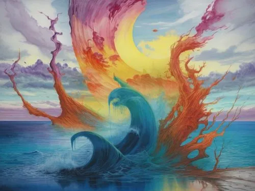 an art piece with water and clouds in it,samudra,sirene,merfolk,simorgh,fantasy art,taniwha,Illustration,Realistic Fantasy,Realistic Fantasy 25