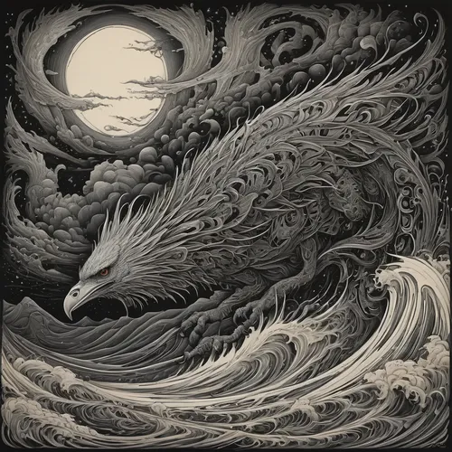 maelstrom,nine-tailed,cool woodblock images,gryphon,howling wolf,the wind from the sea,kelpie,dragon of earth,god of the sea,chinese dragon,kitsune,wyrm,sea monsters,dragon,black dragon,woodcut,rogue wave,sand fox,sea storm,the zodiac sign pisces,Illustration,Black and White,Black and White 01