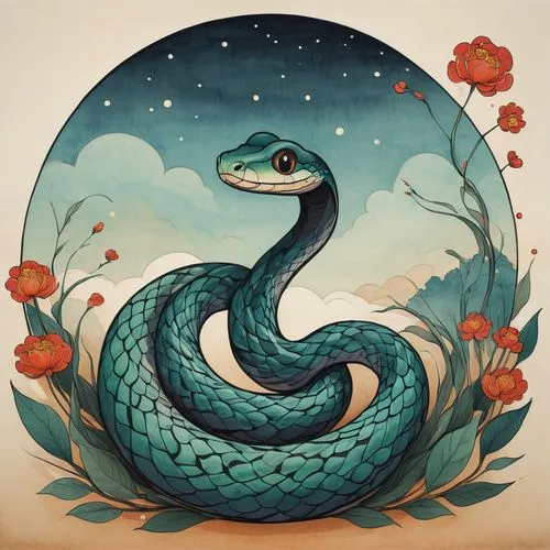 vipera,serpiente,ouroboros,serpent,the zodiac sign pisces,zodiac sign leo,Illustration,Japanese style,Japanese Style 15