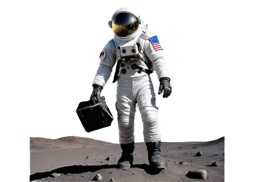 Lunar surface, low gravity, astronaut's footprints, spaceship in distance, American flag, barren landscape, craters, rocks, stars in background, helmet reflection, shiny space suit, backpack, gloves, 