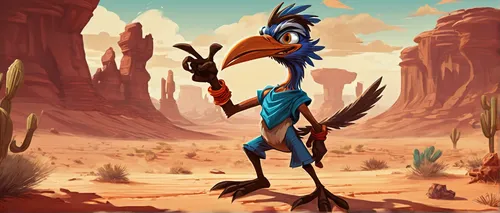 Imagine a roadrunner exploring a vast desert landscape.,roadrunner,blue-winged wasteland insect,feathered race,kokopelli,desert run,bird kingdom,bird bird kingdom,bird of paradise,snips,blue macaw,des