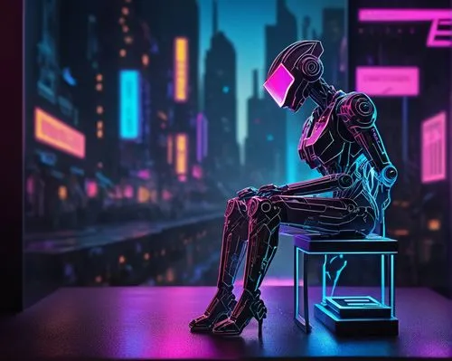 Cyberpunk futuristic cityscape, neon lights reflecting off wet pavement, a lone AI robot perched on a sleek metallic stool, angular robotic body, glowing blue circuits, intricate mechanical limbs, sha