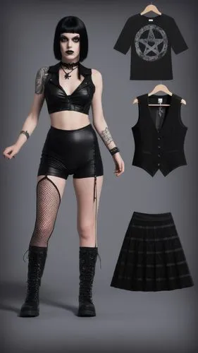 Paper doll 2d cartoon goth girl in black sleeveless shirt , black spandex shorts, complete full length fishnet and black goth knee Boots, standing surrounded by with a set of goth fashion clothing, sh