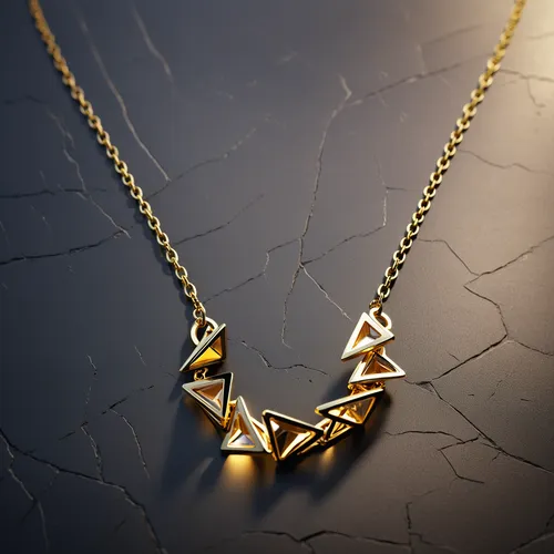 Golden 3d necklace, consist of  3d triangles, Ultra photoreal, ultra-detailed, Hyper-realistic, V-ray, Unreal engine, Top light, Light from right, Light from left, Front light, Cinematic, Volumetric, 