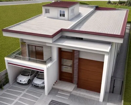 modern house in white, two car garage, details in burgundy on the facade at the entrance door, front garden,3d rendering,two story house,floorplan home,folding roof,prefabricated buildings,house floor