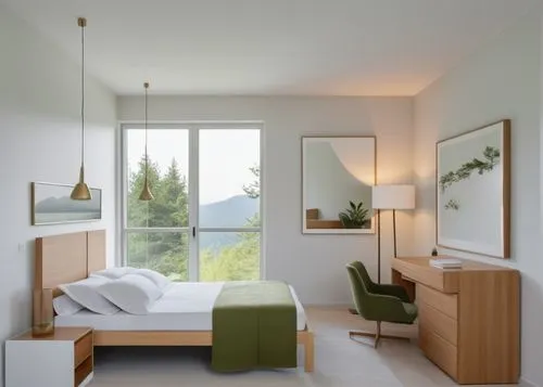 MAINTAIN FORMS , GREAT LIGHT FLOOR GRAY LIGHT, BACKGROUND FOREST GREEN PINE ,a green chair stands by the window in this modern bedroom,modern room,guest room,bedroom,guestroom,kamar,guestrooms,chambre