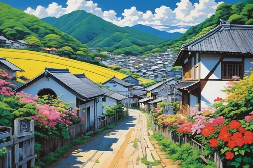 mountain village,japan landscape,shirakawa-go,japanese alps,the valley of flowers,alpine village,yamada's rice fields,rural landscape,japan,japanese mountains,mountain scene,darjeeling,japanese art,mountainous landscape,korean village snow,beautiful japan,studio ghibli,village scene,mountain landscape,landscape background,Conceptual Art,Oil color,Oil Color 24