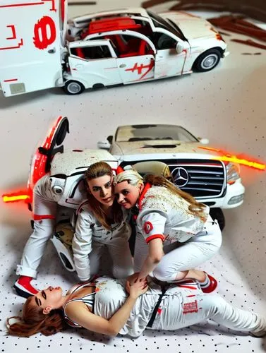 scalextric,toy photos,diecast,paramedics,ecto,traxxas,diorama,rc car,paramedics doll,photo shoot on the floor,safety car,model cars,toy cars,racing pit stop,ambulances,mbusa,car crash,amg,mercedes-benz,mercedes -benz