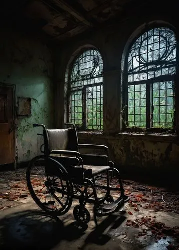 Abandoned asylum, eerie atmosphere, Gothic structure, crumbling walls, broken windows, rusty gates, overgrown vines, foggy night, dim lanterns, creepy corridors, peeling paint, old wheelchair, mysteri